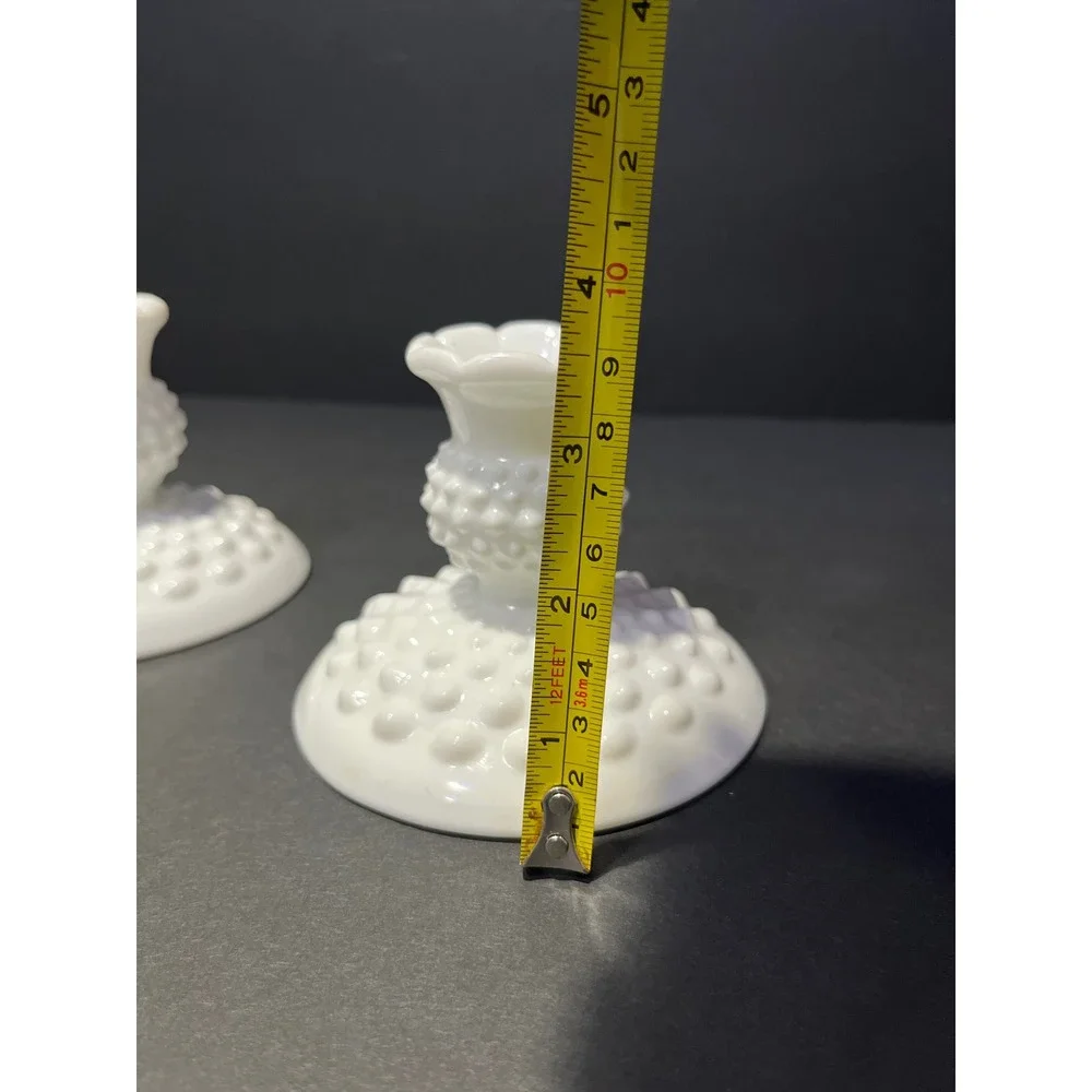 Fenton Milk Glass Hobnail Candlestick Holders White Vintage Mid Century Pair